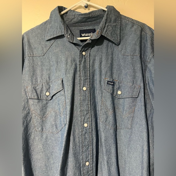 Wrangler Western Pearl Snap Light Wash Denim Long Sleeve Shirt Mens 2XL Tall - Picture 2 of 10